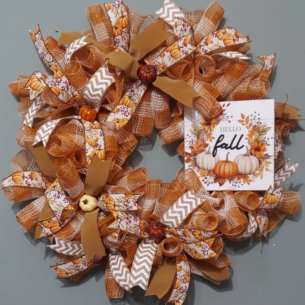 Festive Fall Wreath with Pumpkins and Bows